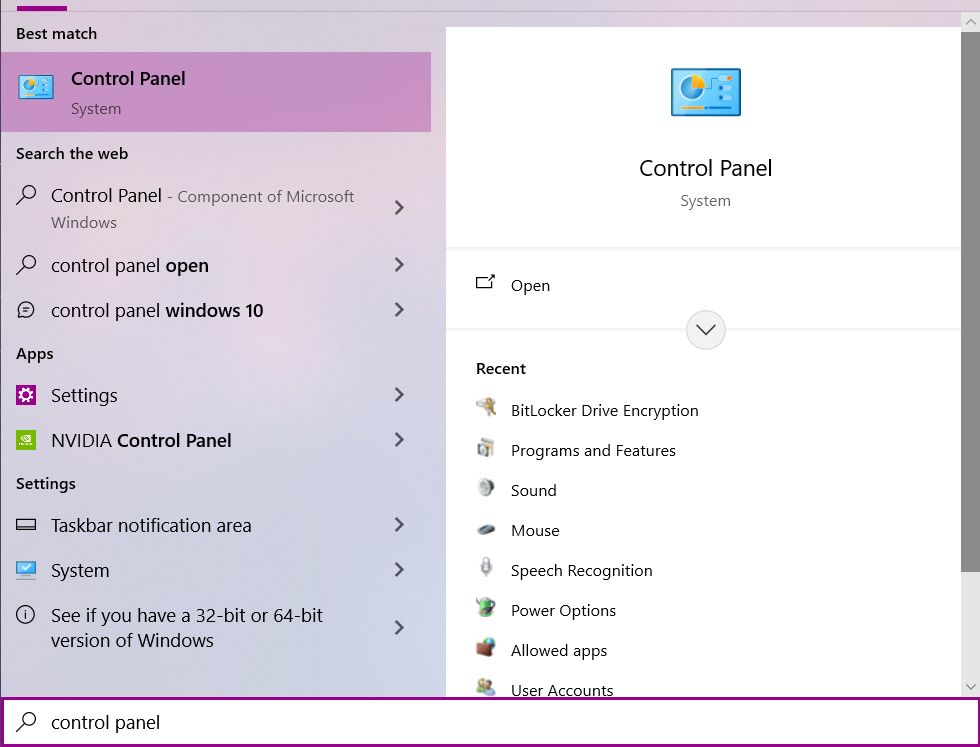 Control Panel in the Windows menu on Windows 10.