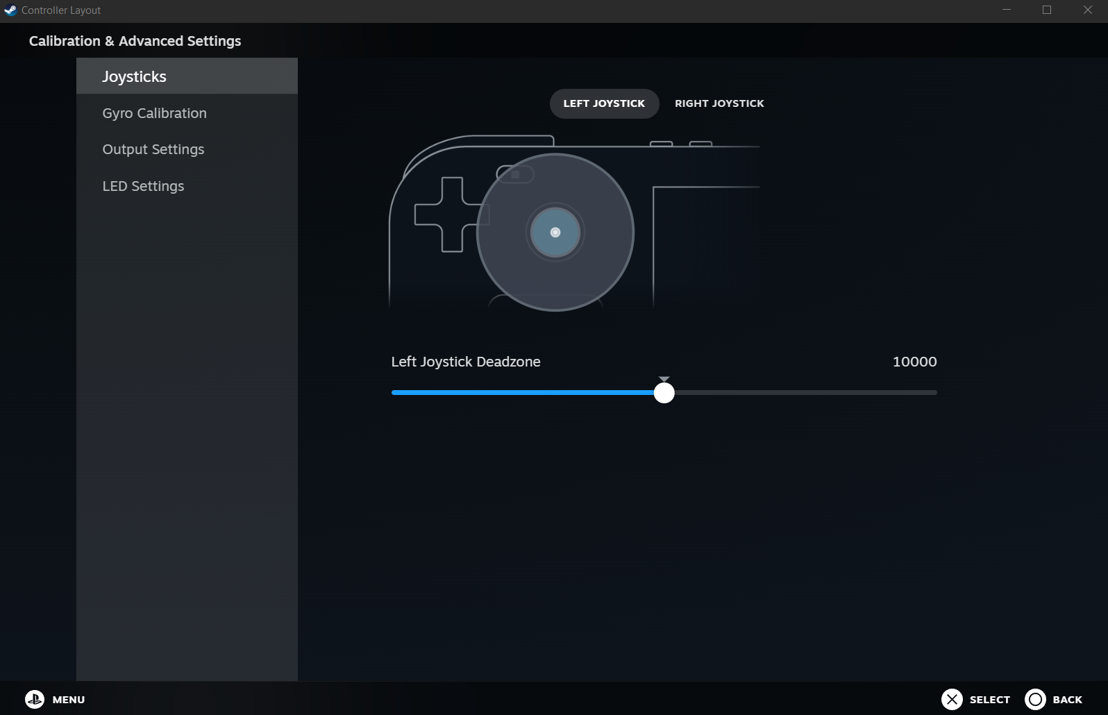 Joystick settings for Steam controllers.