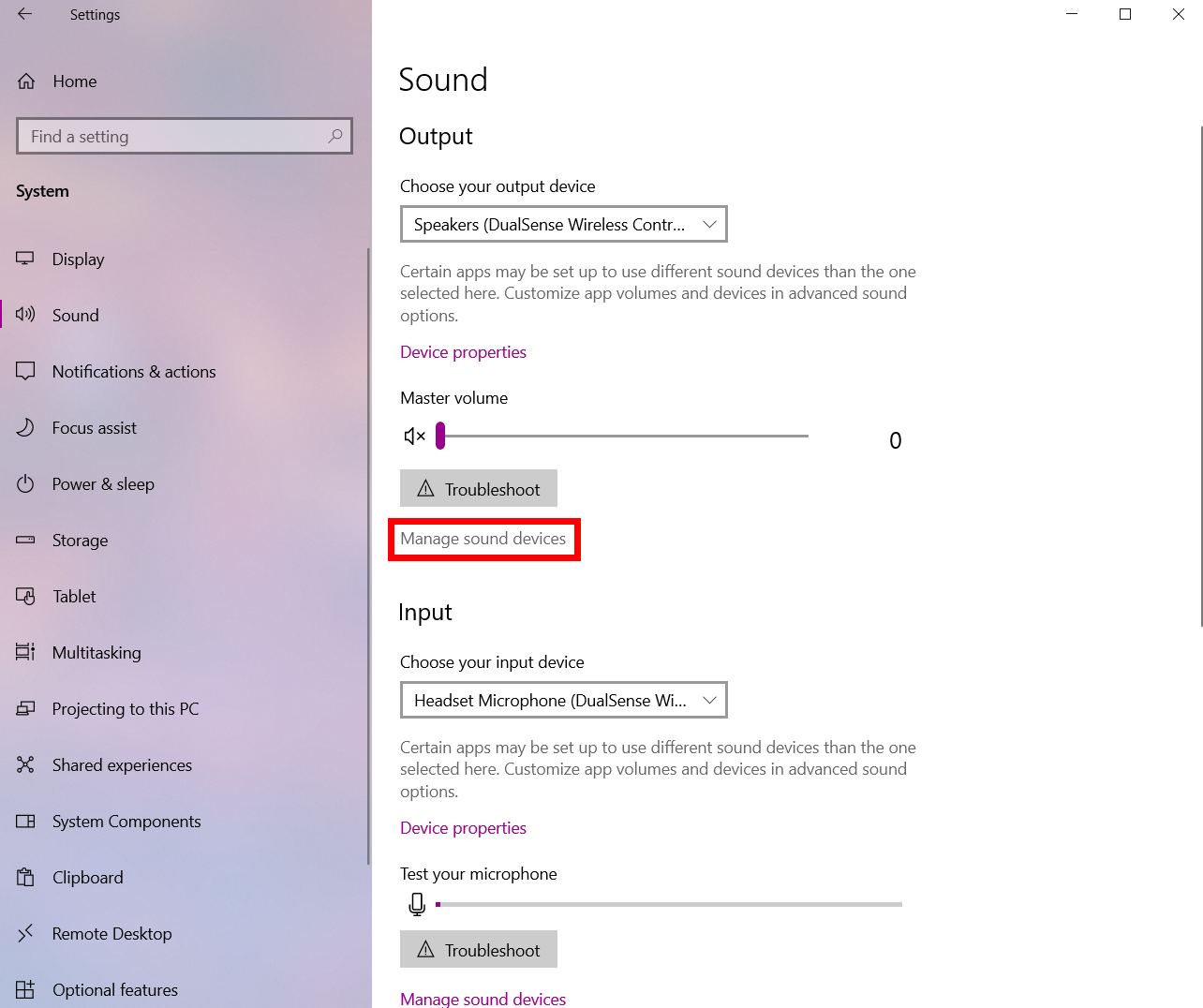 Option to 'Manage Sound Devices' in Windows 10 settings.