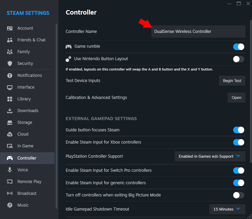 'DualSense Wireless Controller' selected in Steam Controller settings.