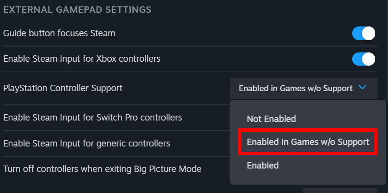 'PlayStation Controller Support' setting in Steam on Windows 10.