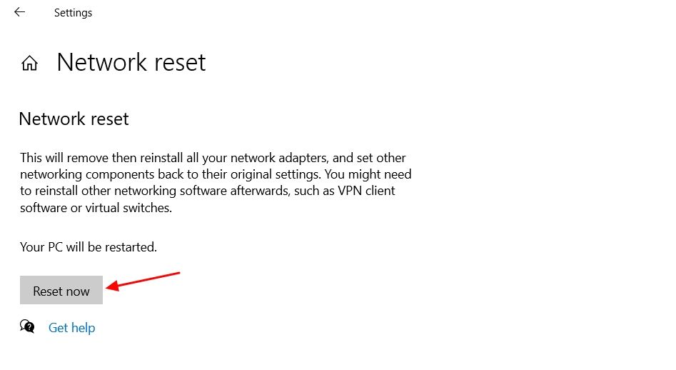 Reset now button in Network Reset window on Windows 10.