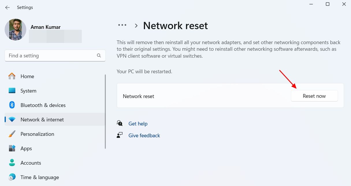 Reset now button in Network Reset window.