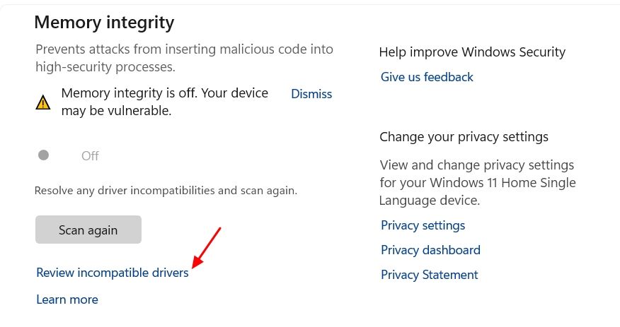 Review Incompatible Drivers option in the Windows Security app.