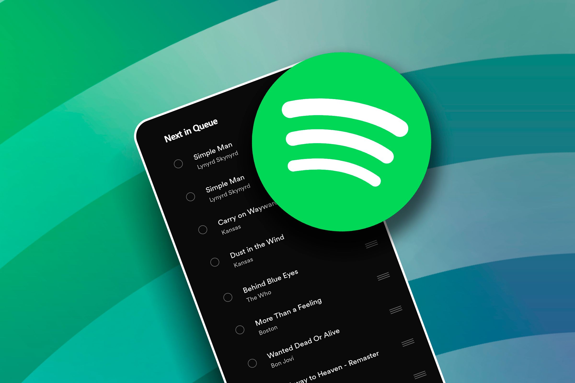 Screen of a smartphone with the Spotify play queue open and the Spotify logo in front