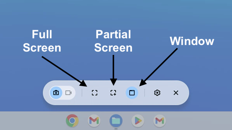 Screenshot of toolbar in ChromeOS with full screen, partial screen, and window capture buttons.