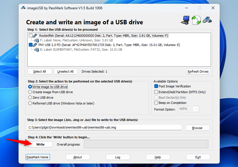 رابط imageUSB برای نوشتن تصویر Memtest86 در درایو USB.
