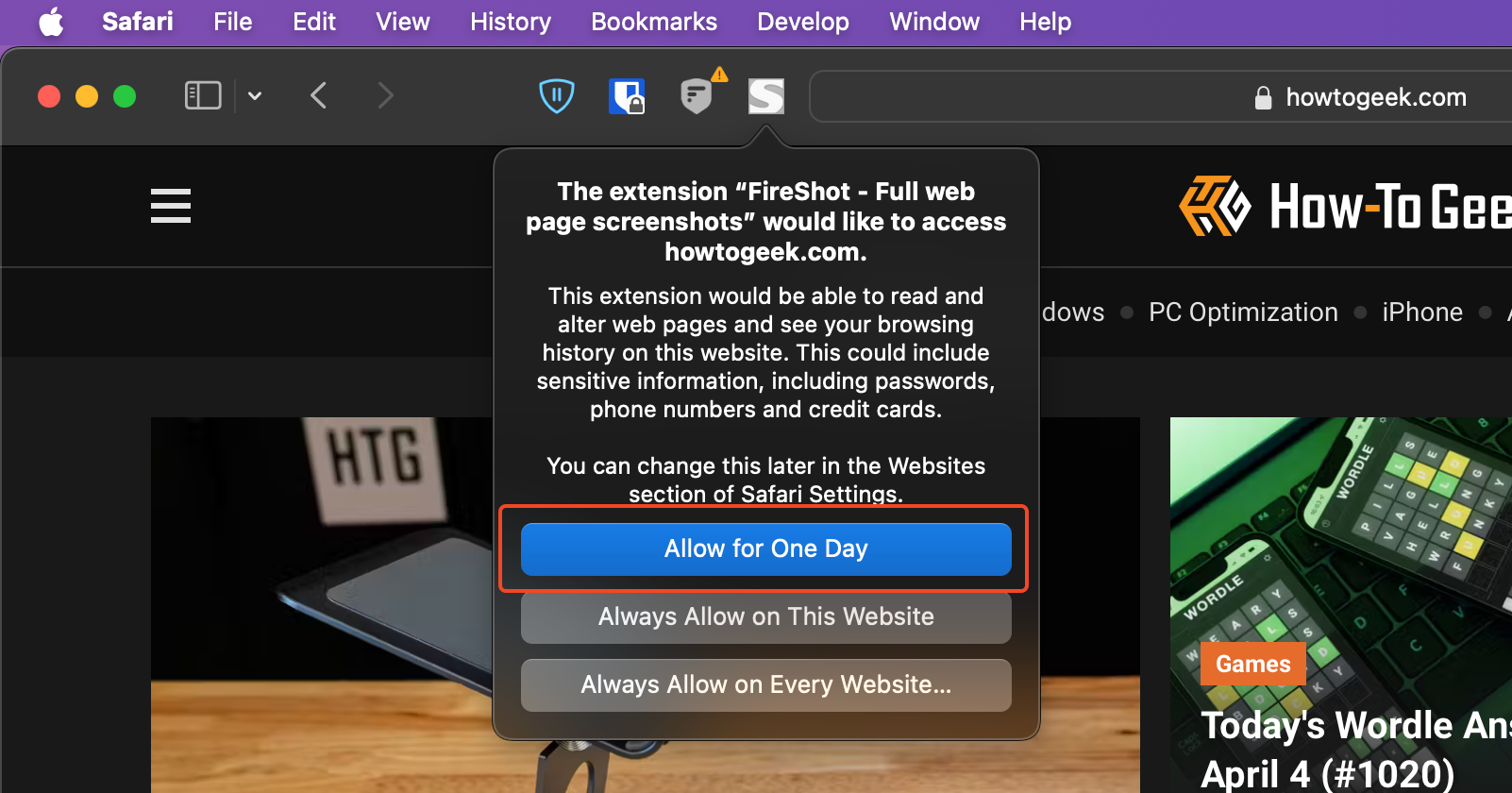 Screenshot showing the permission option in FireShot.