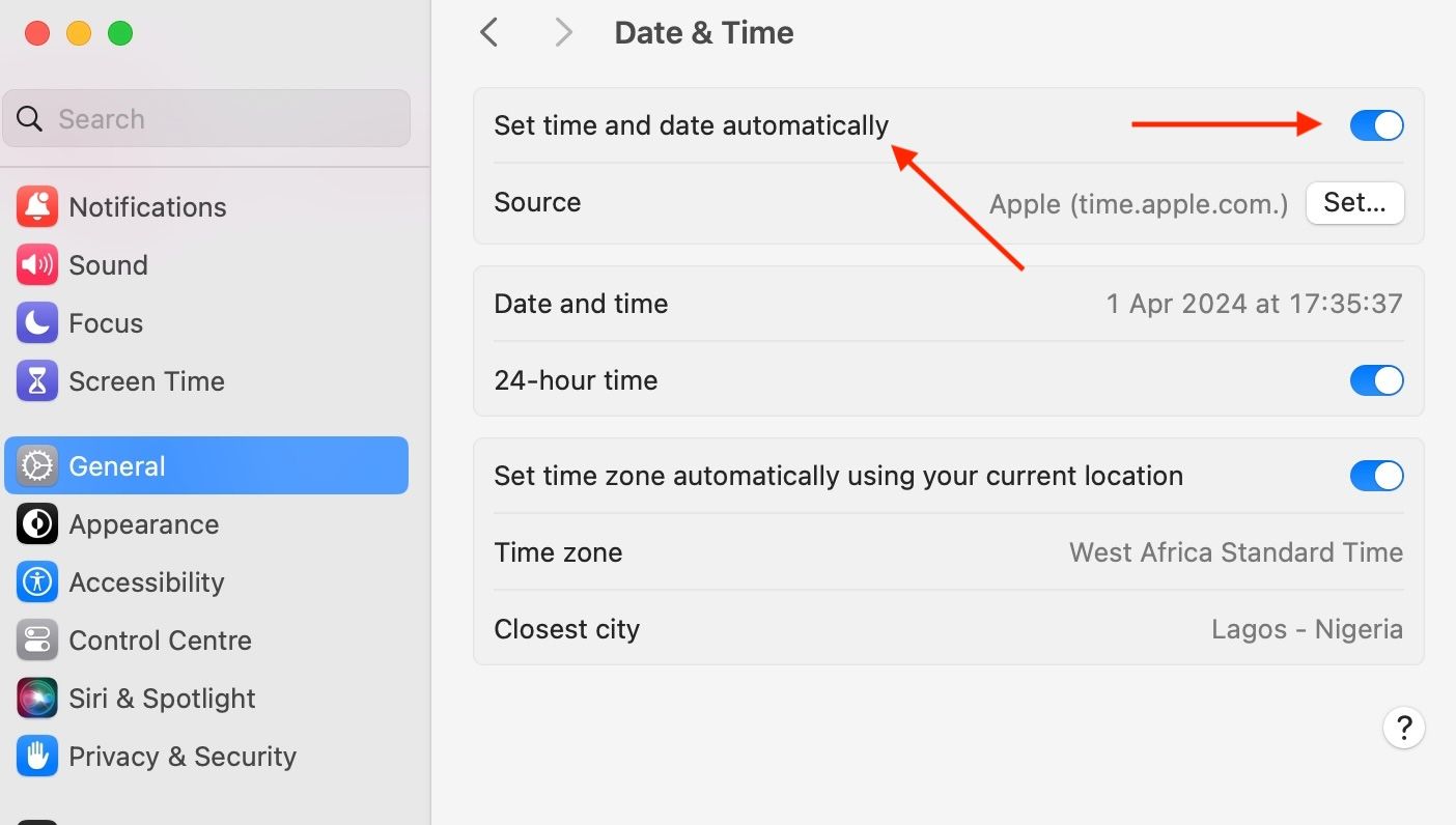 Set Time and Date Automatically Toggle On.