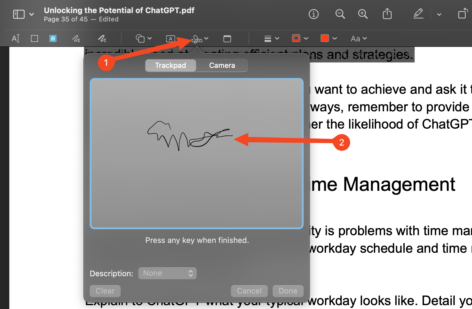 Setting to show how to create a signature in Preview.