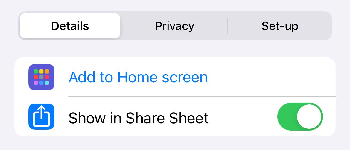 "Show in Share Sheet" toggle in the iPhone Shortcuts app.