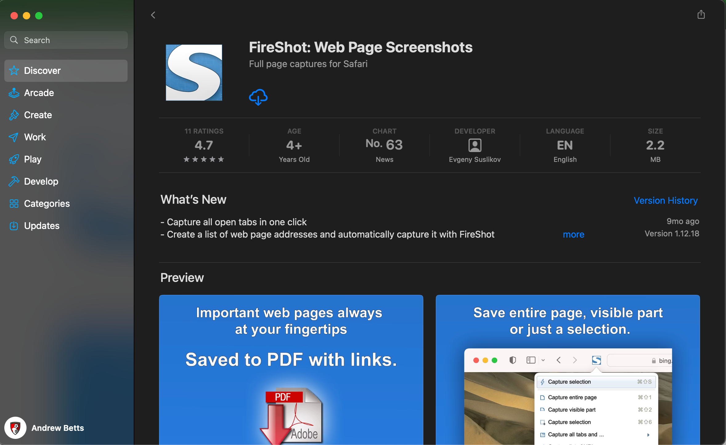 The FireShot page in the Mac App Store.