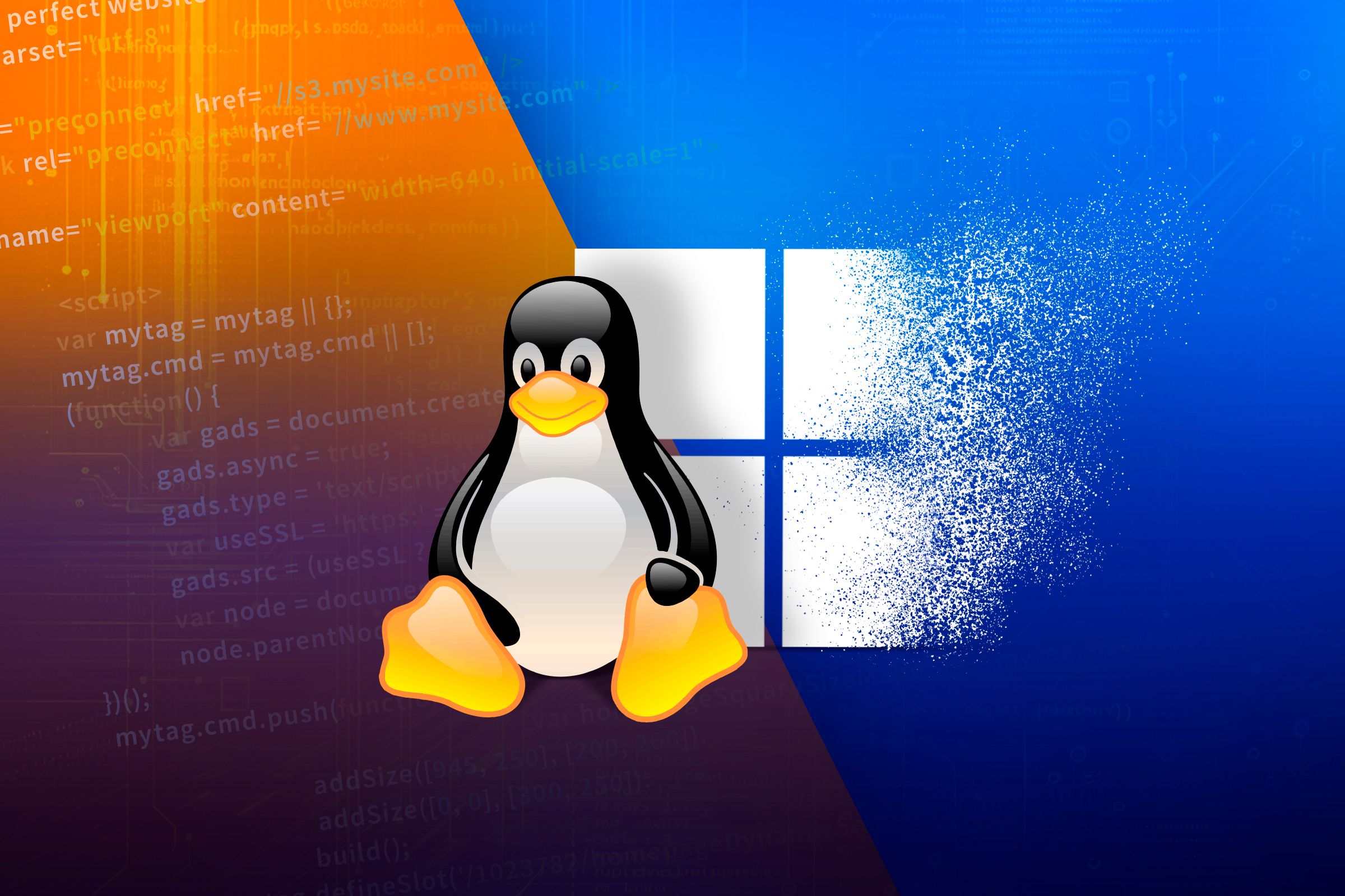 The Linux penguin and behind him, the Windows logo disintegrating