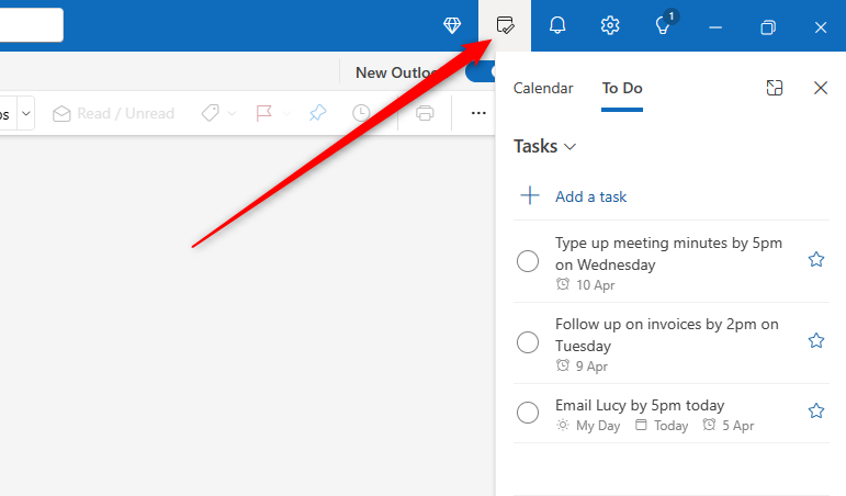The To Do icon in Microsoft Outlook is clicked and the integrated to-do list is on the right-hand side of Outlook.