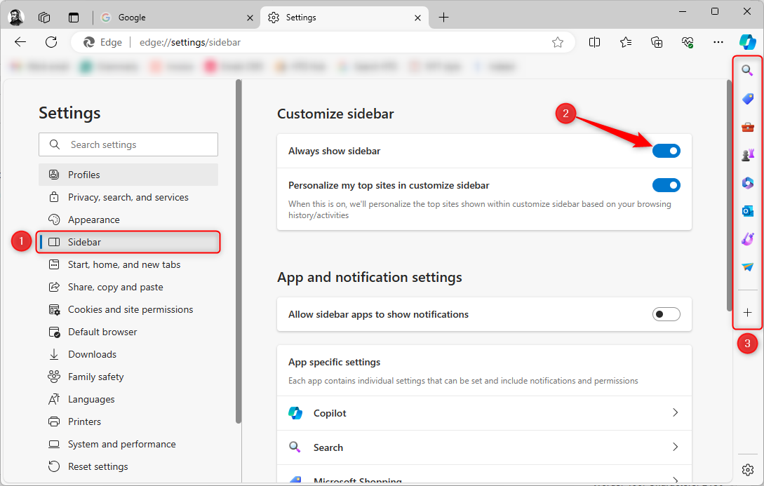 Microsoft Edge Settings with &lsquo;Sidebar&rsquo; selected on the left, and the &lsquo;Always Show Sidebar&rsquo; button toggled on. The Sidebar is, therefore, showing on the right of the window.