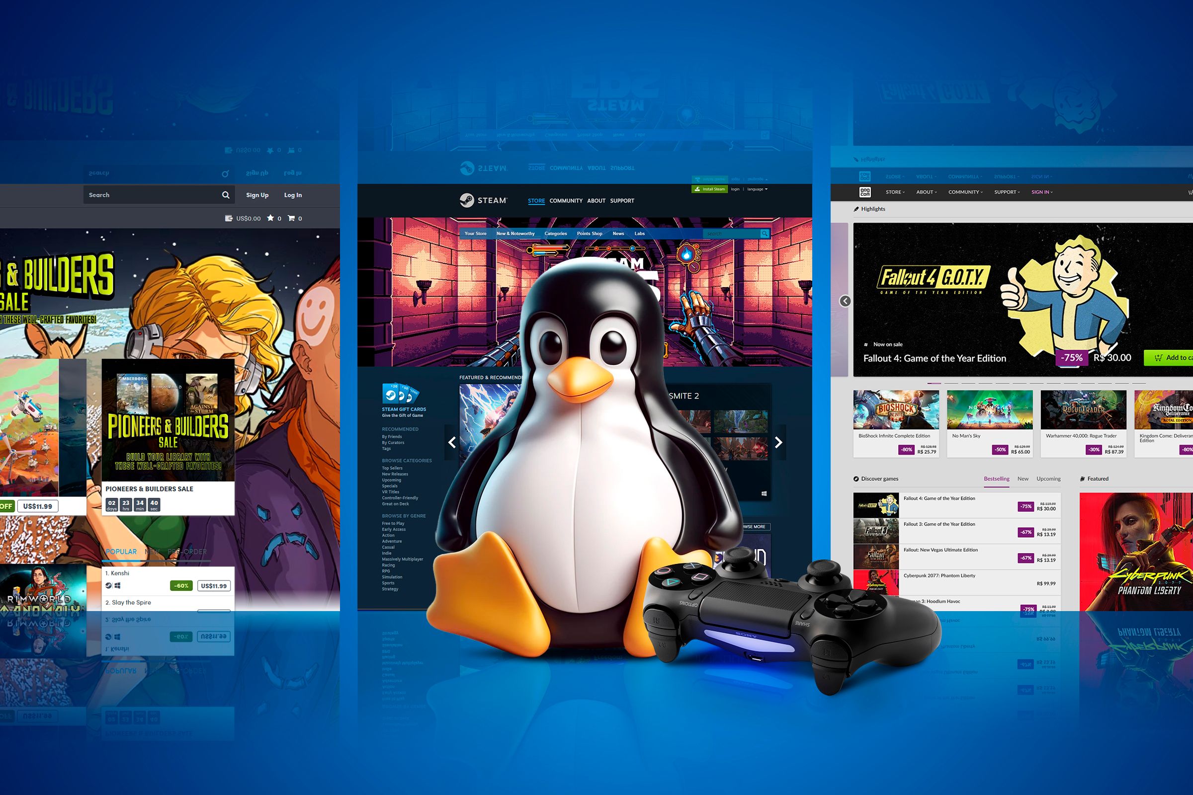 Tux, the Linux mascot, with a gamepad on the right side and some screens in the background.