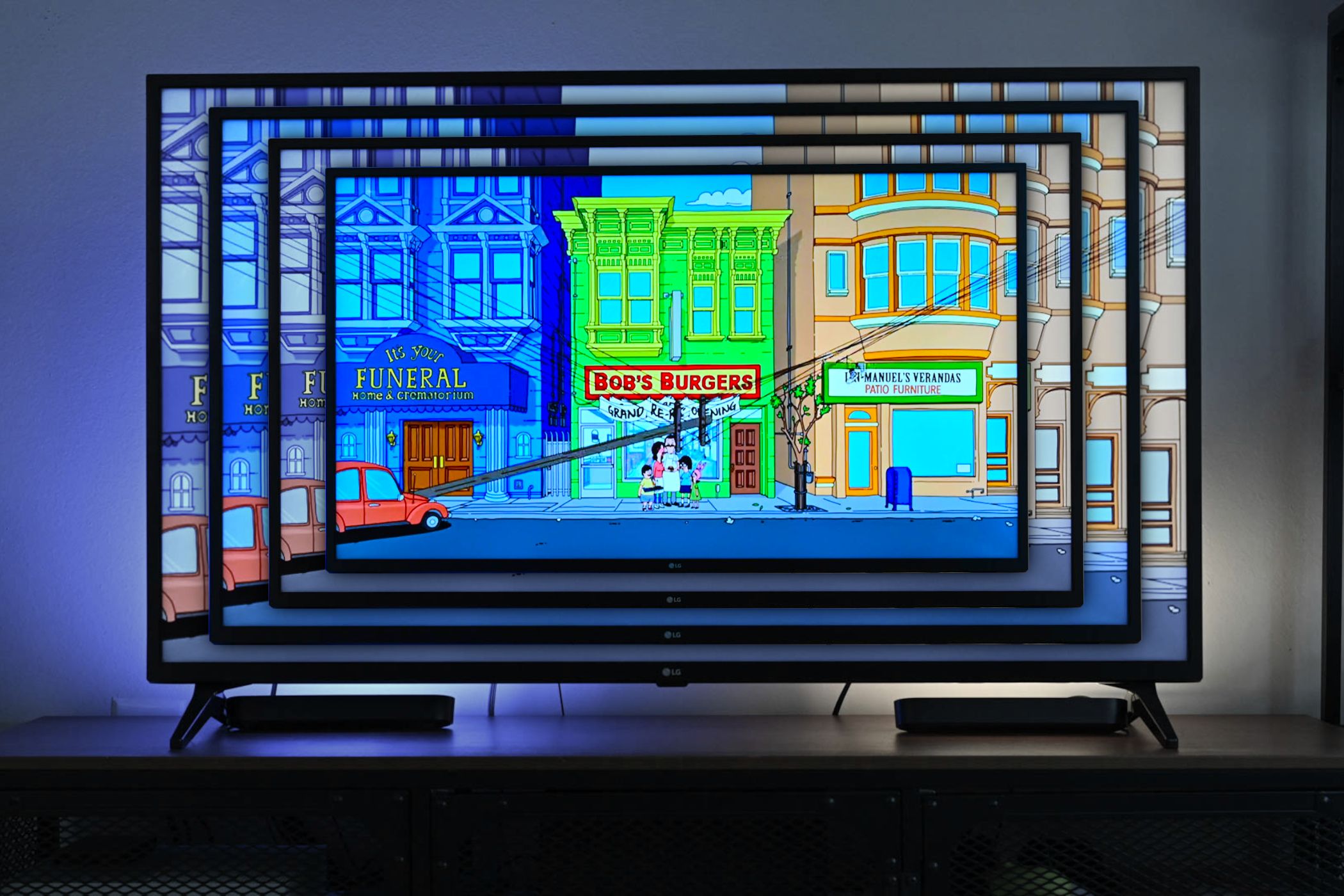 A widescreen TV shrinking to different sizes.