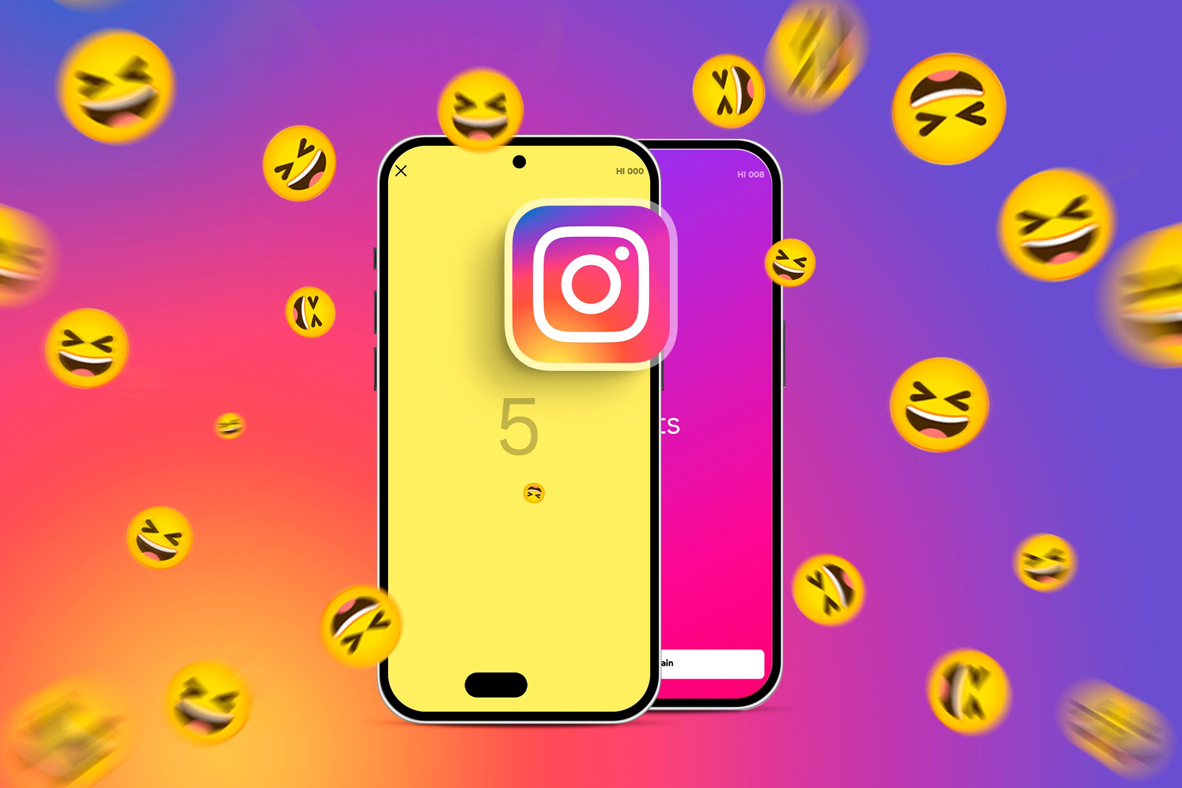 Two smartphones showing the Instagram emoji game and several emojis around.
