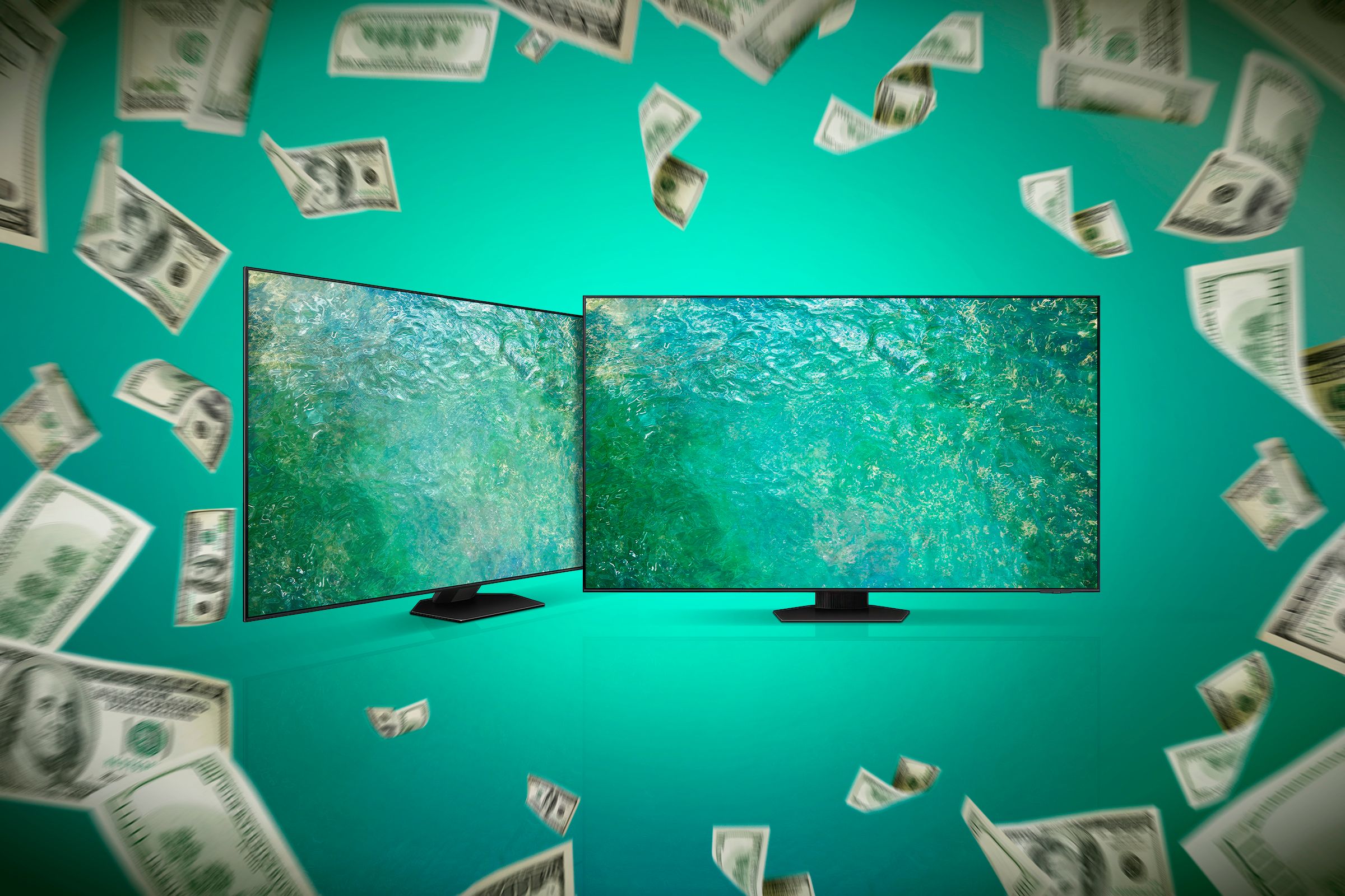 Two TVs surrounded by dollar bills