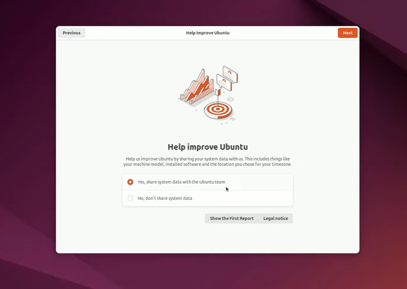An example of Ubuntu asking you to share your system data with the developers to improve it