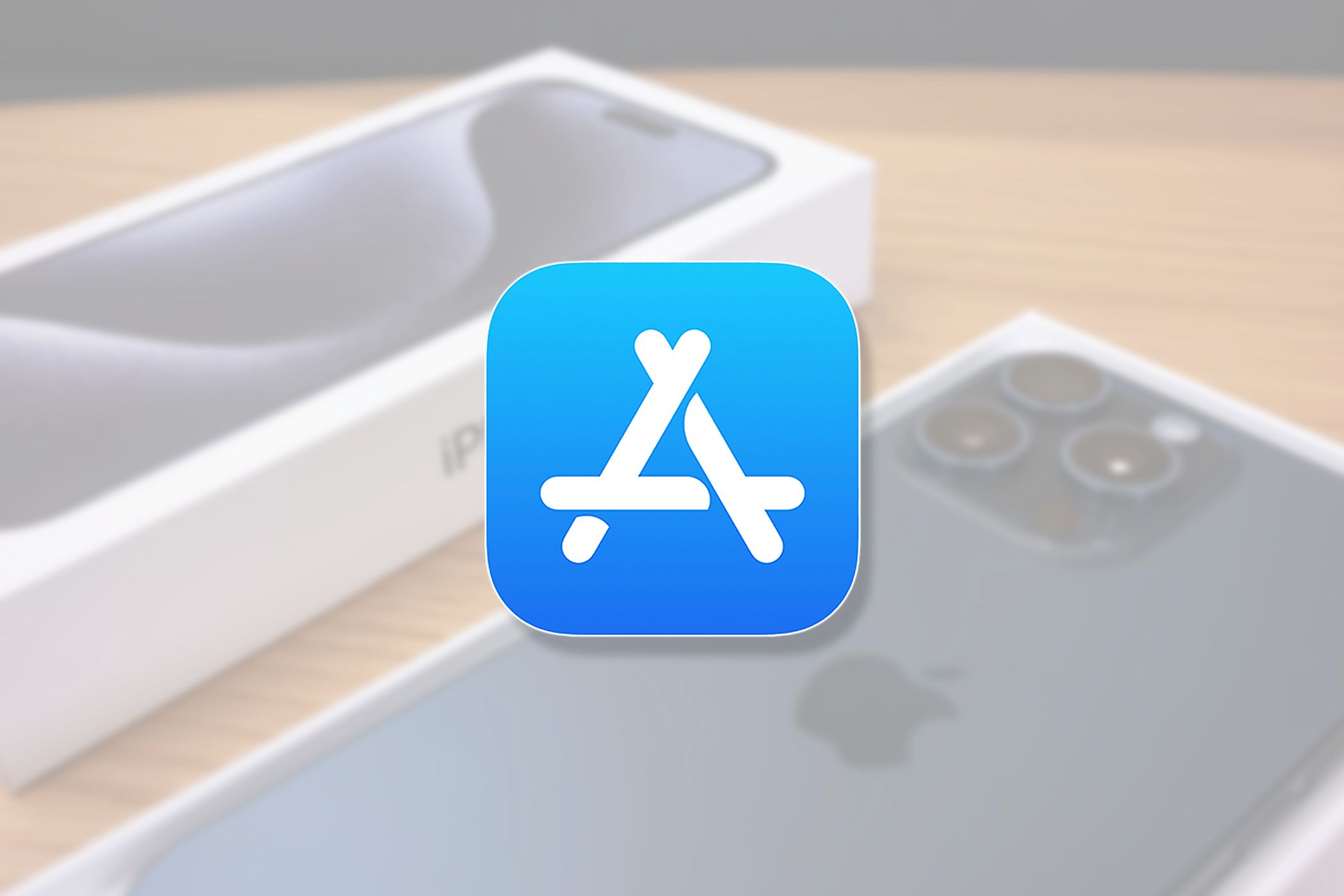 The Apple App Store icon over a photo of an iPhone.