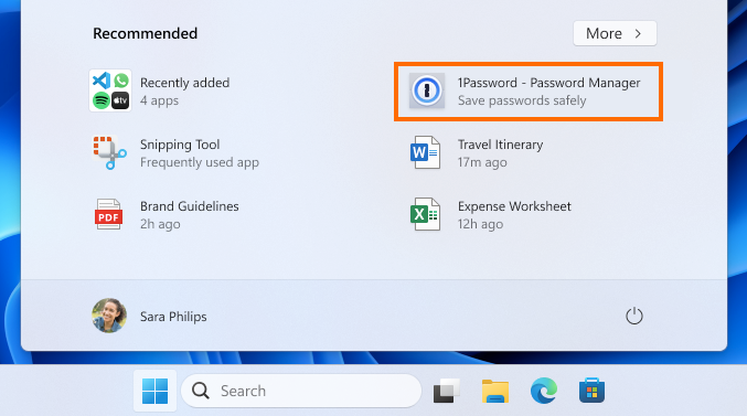1Password app listed in Recommended section of Start Menu