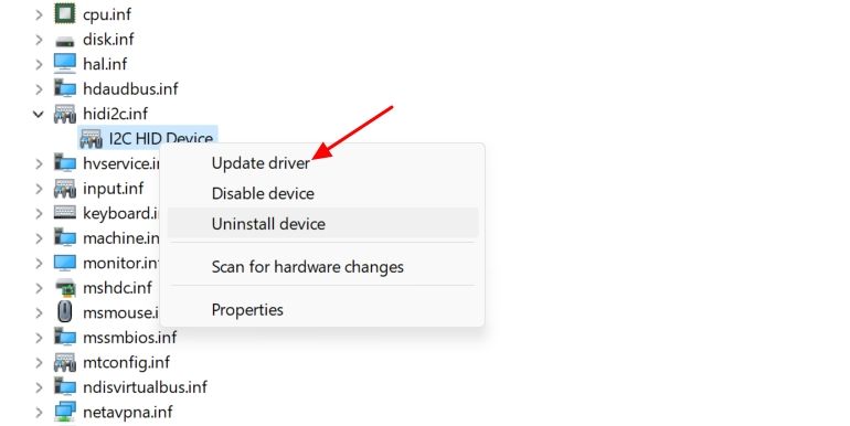 Update driver option in Device Manager.