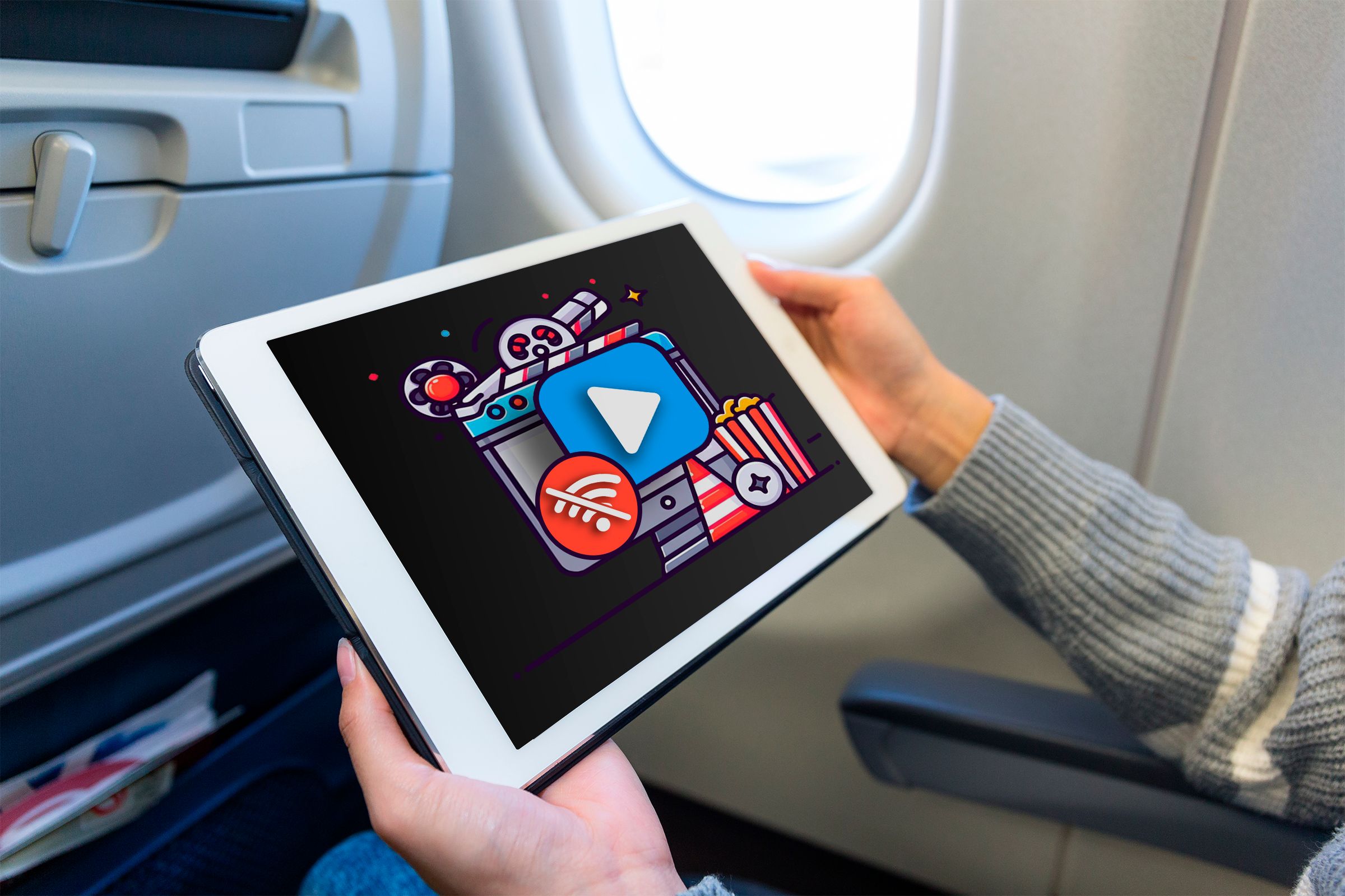 Woman using a tablet on an airplane with an illustration related to watching movies on the screen.