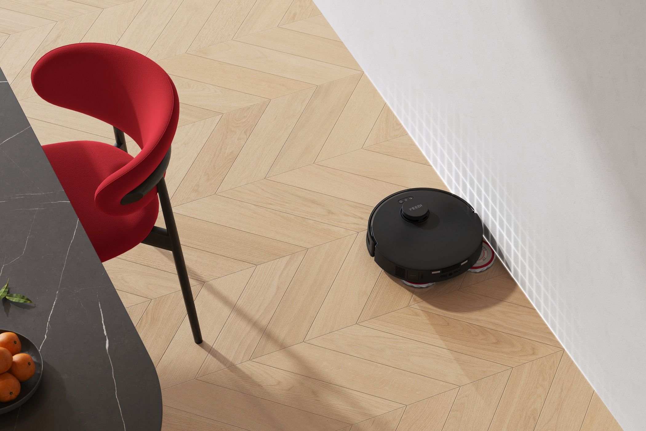 A YEEDI M12 Pro+ robot vacuum cleaning to the edge.