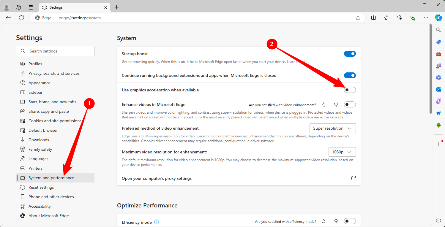 Select 'System and Performance,' then disable hardware acceleration.