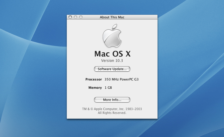 Mac OS X "About This Mac" window showing a 350MHz PowerPC G3 CPU and 1GB RAM.