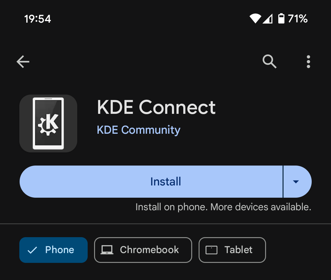 The KDE Connect app in Google Play, on an Android phone