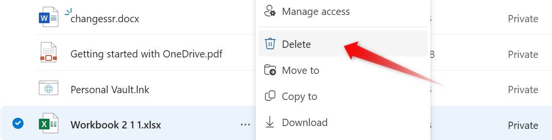Deleting a file in OneDrive.