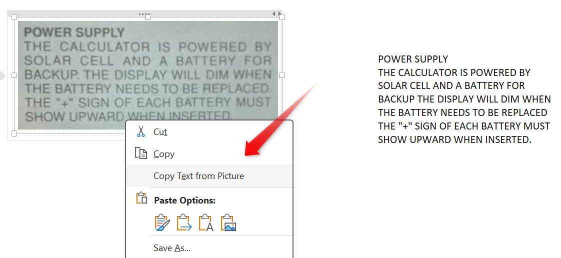 Extracting text from an image in OneNote.