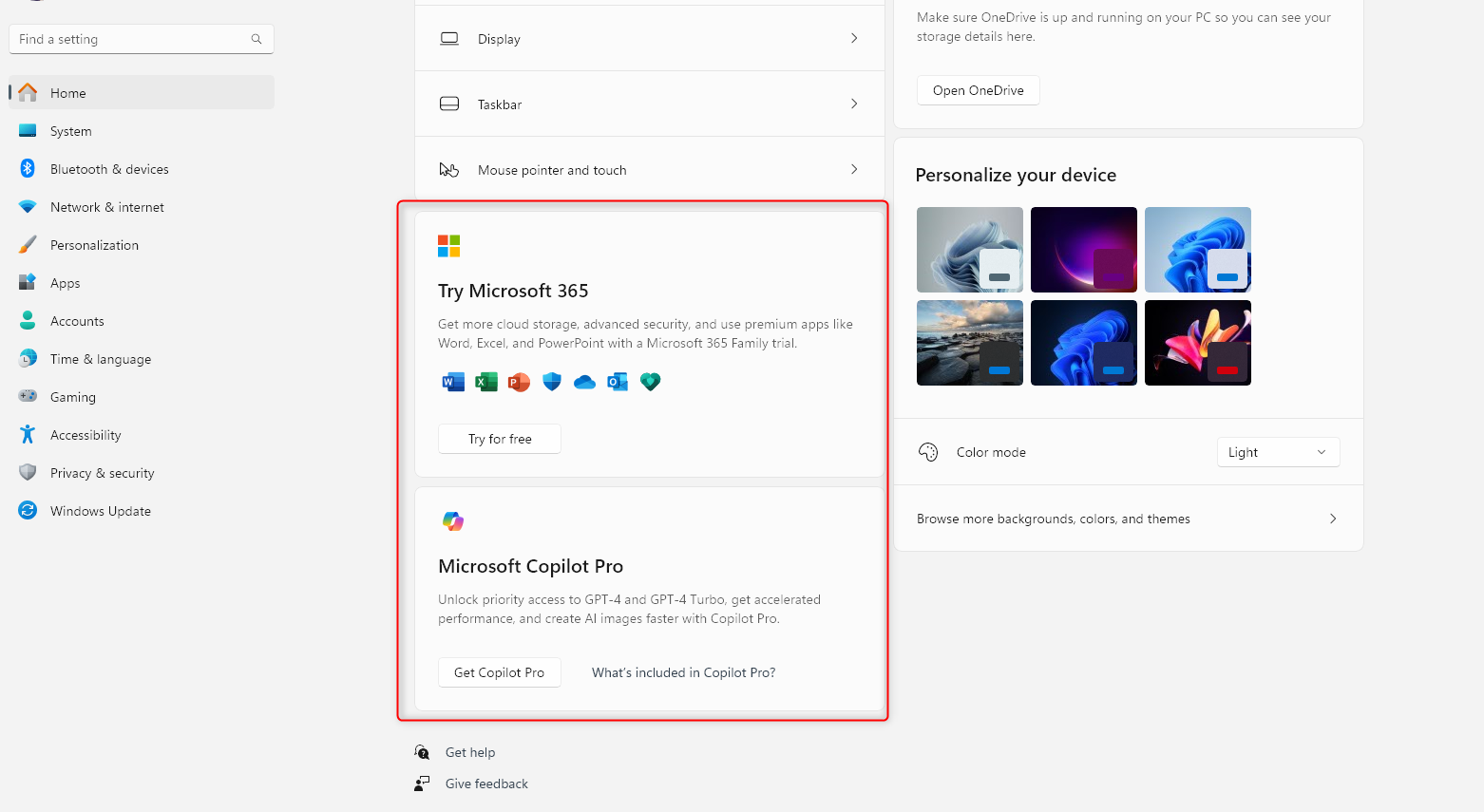 Microsft Showing Ads in Settings Home Page of Windows 11