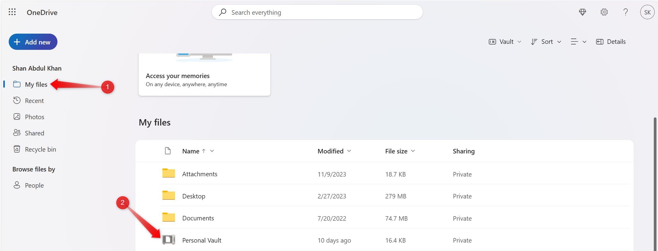 Opening Personal Vault in OneDrive.