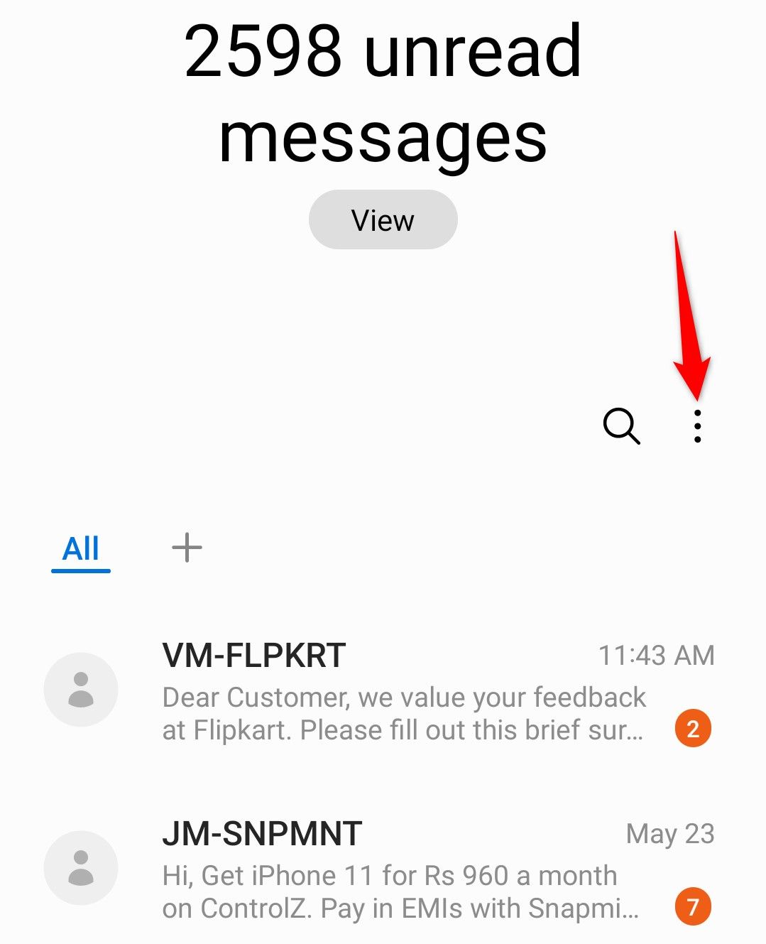 Three-dots highlighted in Samsung Messages.