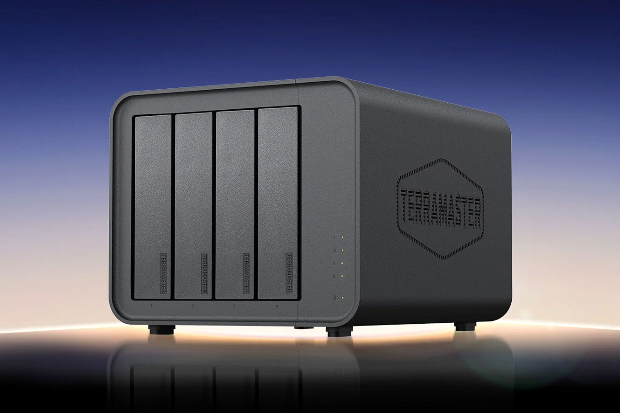 The TerraMaster D8 Hybrid RAID enclosure in front of a sunset.
