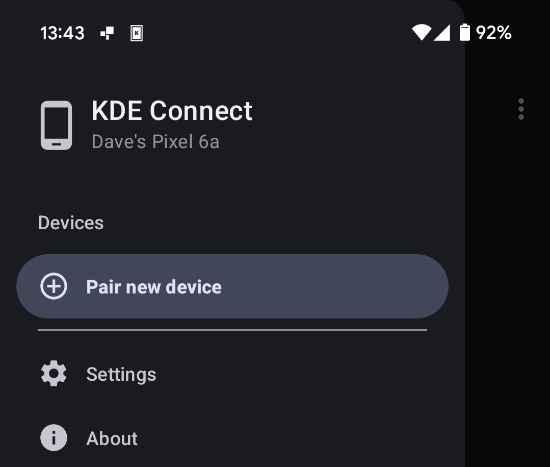 The Pair New Device option in the KDE Connect Android app