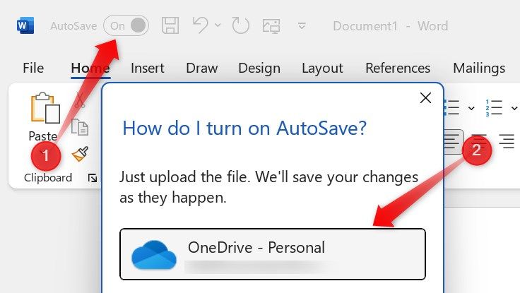Turning on autosave in Microsoft Word.