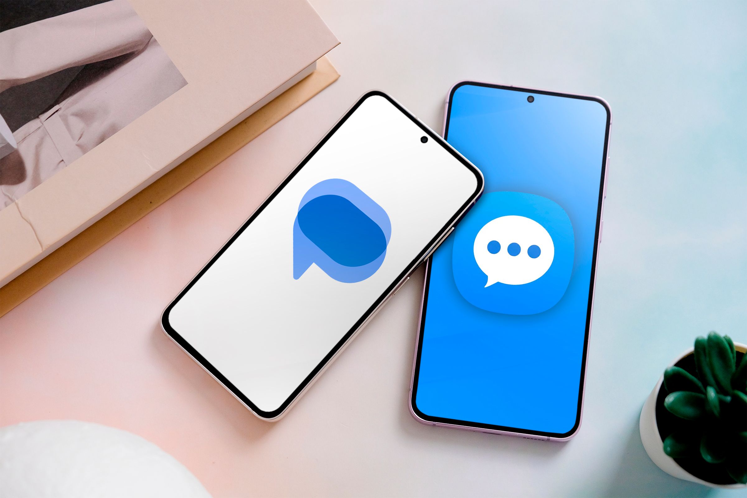 A phone with Google Messages icon on the left side, and a phone with Samsung Messages icon on the right side.