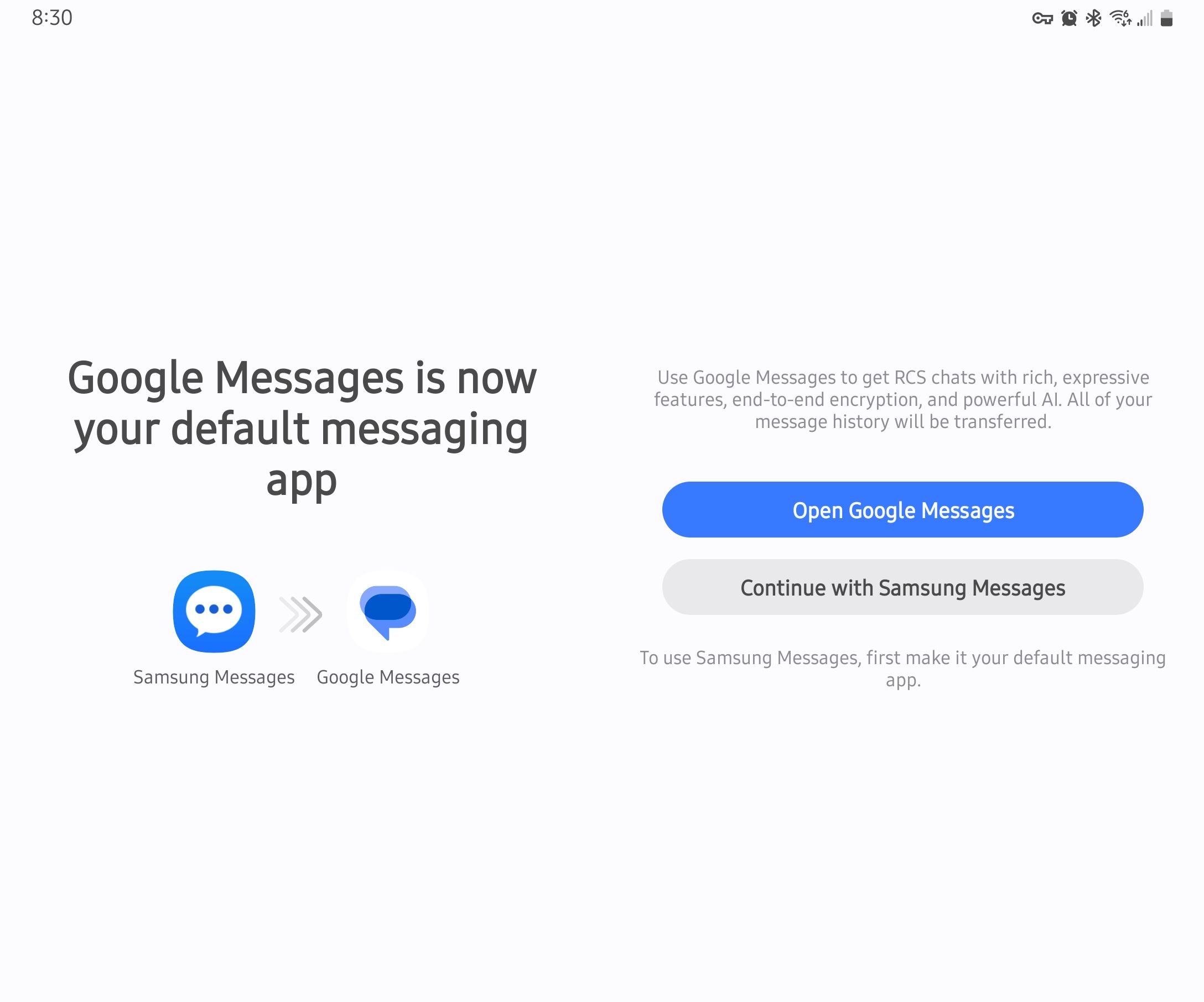 Samsung Messages recommends the user to use Google Messages instead. 