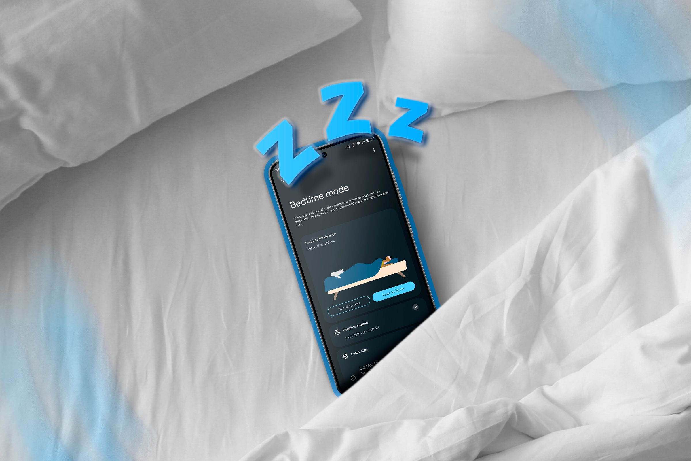 Android phone above a bed displaying the bedtime screen.