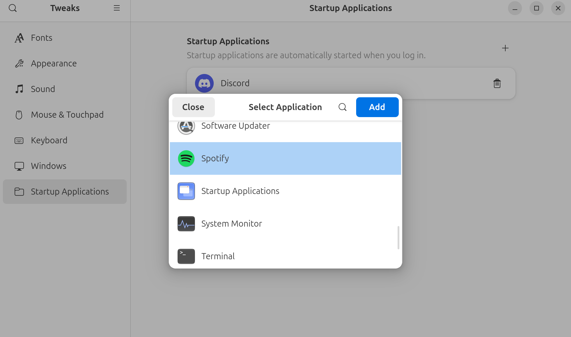 Set Startup Applications with GNOME Tweaks