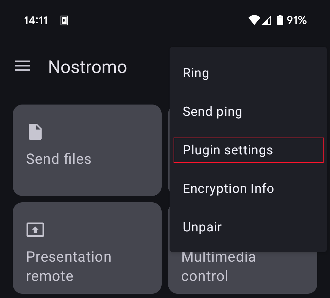 The plugin Settings option in the KDE Connect Android app's three-dot menu