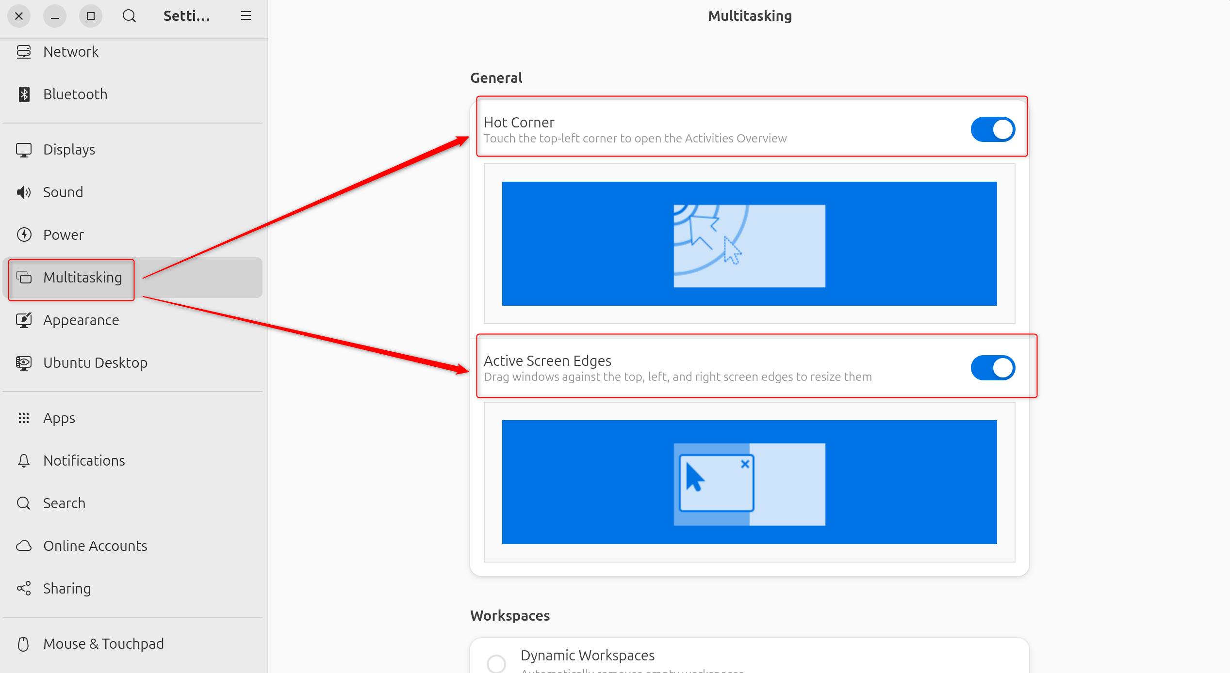 Set Hot Corner and Activie Screen Edges in GNOME Settings