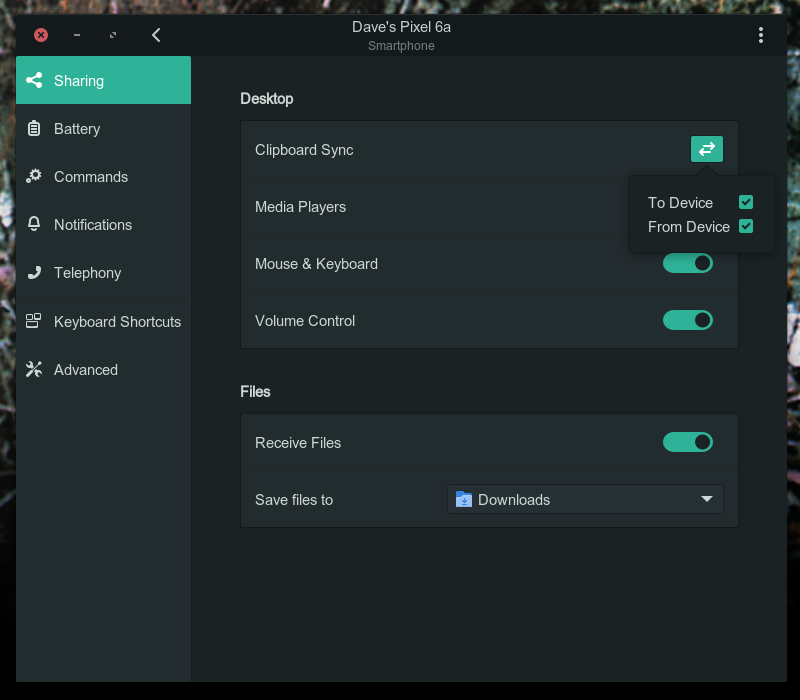 The Clipboard settings in the GSConnect GNOME extension settings dialog