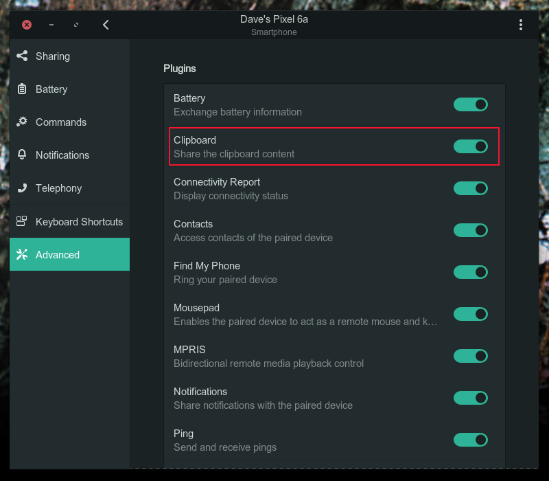 The Clipboard setting in the Advanced section of the GSConnect GNOME extension settings dialog