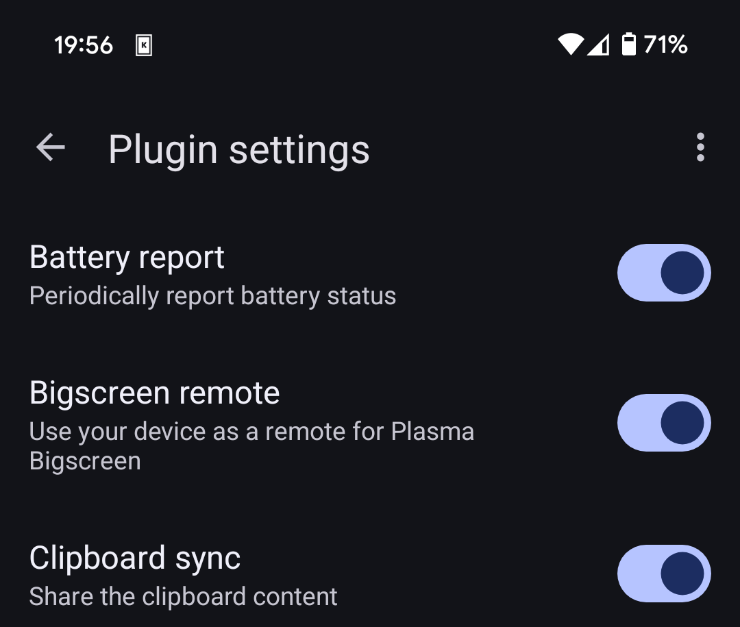 The Plugin Settings list in the KDE Connect Android app