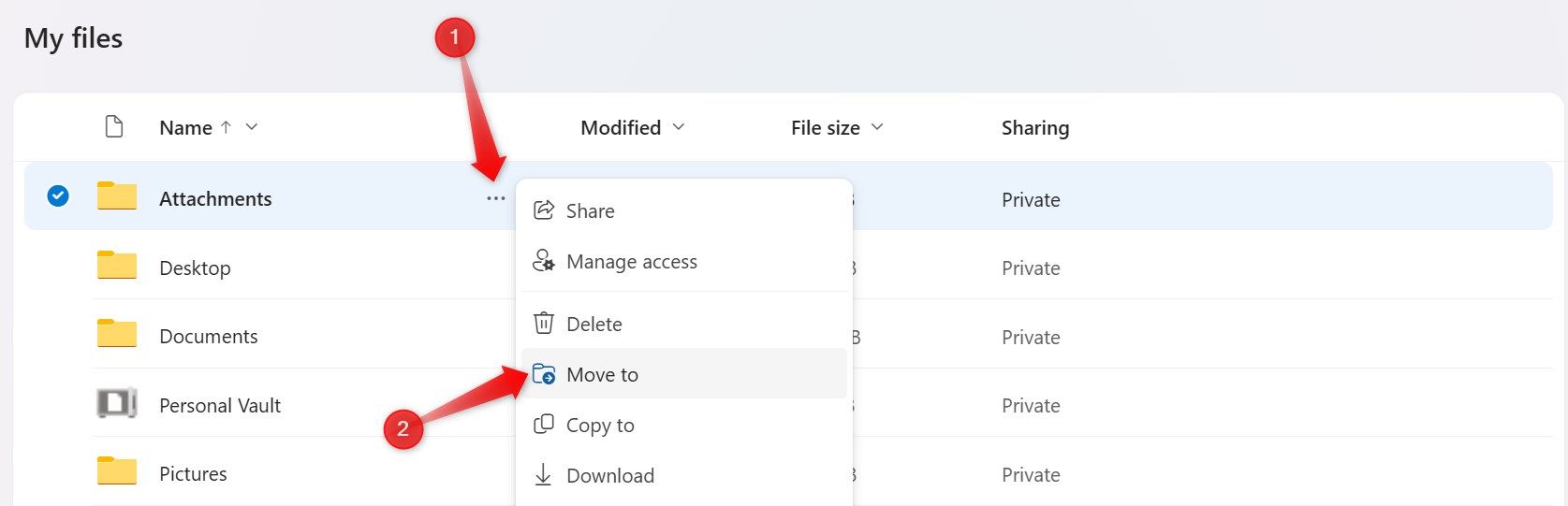 Moving existing files from the My Files folder to Personal Vault in OneDrive.